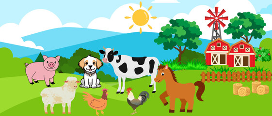 cartoon farm animals in the farm illustrated background