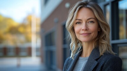 Fototapeta premium Portrait of middle-aged business confident woman in suit, posing outdoors