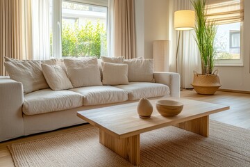 Fototapeta premium Serene Japandi Harmony - Contemporary Living Room with Light Wood Furniture in Neutral Tones, Soft Lighting, Minimalist Warmth.