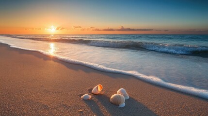 Obraz premium A deserted beach at sunrise with soft waves gently lapping the shore and seashells scattered in the sand