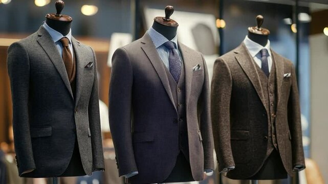 Tailored suits in various styles are prominently displayed in a storefront, capturing the attention of passersby with their sophisticated design and textures.