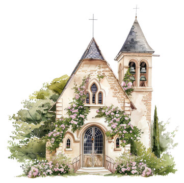 watercolor church building with flowers clip art preview