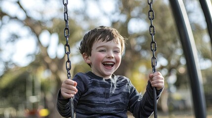 A young boy playing in a park, laughing as he swings on a playground swing.