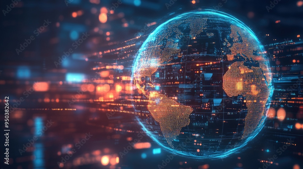 Fototapete a digital rendering of a globe with digital data streams, symbolizing global communication through t