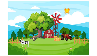 Green Farm Cartoon Animation Background , Farm Beautiful Summer Landscape, Farm House, trees, Windmill, Animals Vector