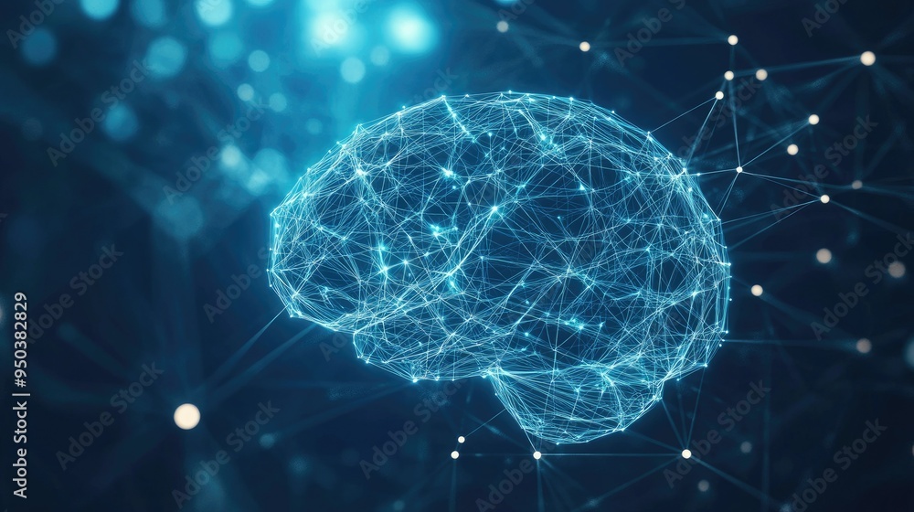 Poster a digital rendering of a human brain with network connections, symbolizing internet knowledge sharin