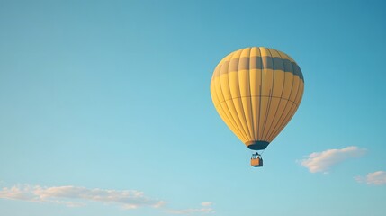 Obraz premium A hot air balloon flying in the sky, with a yellow and black checkered pattern. Against a clear blue background with copy space