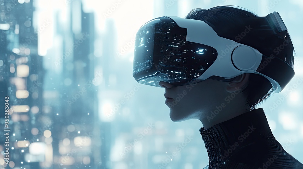 Poster a futuristic concept of a person using virtual reality, representing the next generation of internet