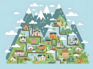 Mountain Village Illustration With Small Houses And Cars