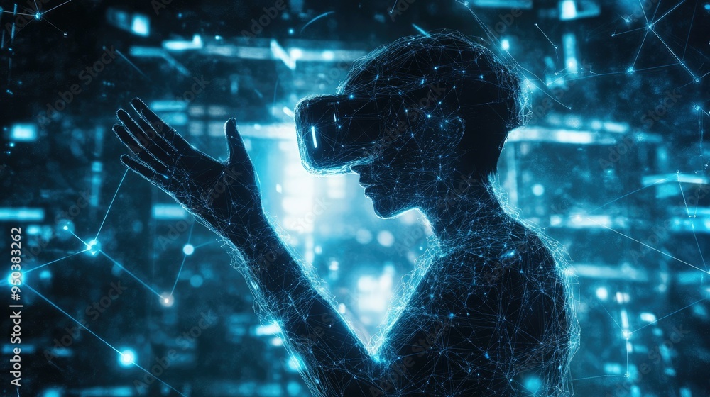Poster a futuristic concept of a person using virtual reality, representing the next generation of internet