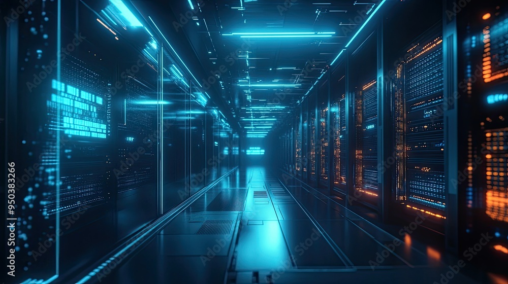Poster a futuristic digital concept of a data center, symbolizing the backbone of the internet