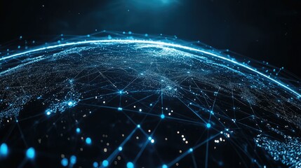 Obraz premium A globe with a digital network overlay, representing global internet connectivity, on a dark background