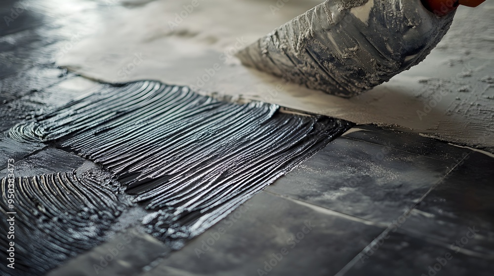 Poster close up view of worker spreading adhesive or mortar over surface before installing new tiles as par