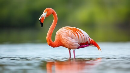 A graceful flamingo standing in shallow water, with its long neck curved elegantly and its vibrant pink feathers reflecting in the water