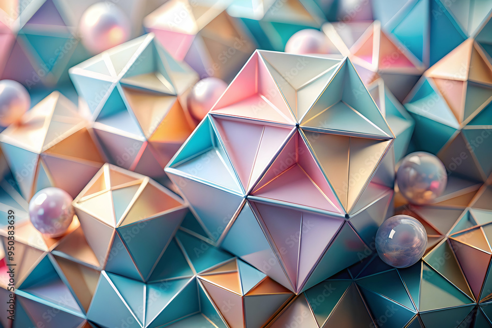 Poster shimmering geometric spheres: an abstract close-up of iridescent, metallic geometric spheres. the li