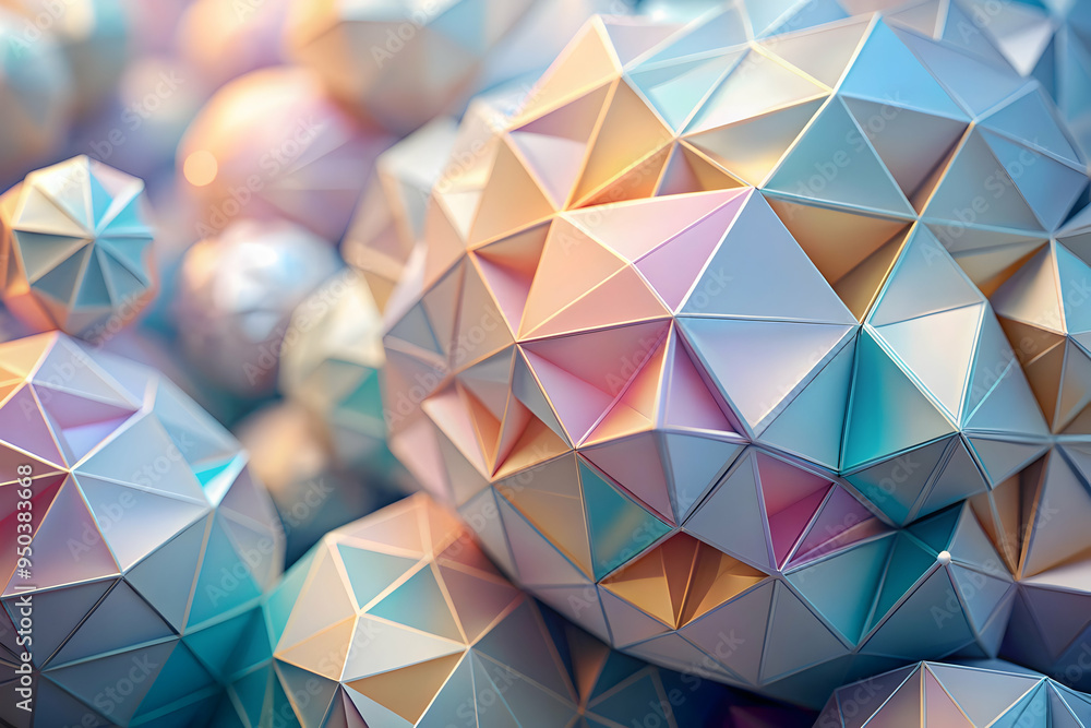 Poster shimmering geometric spheres: an abstract close-up of iridescent, metallic geometric spheres. the li