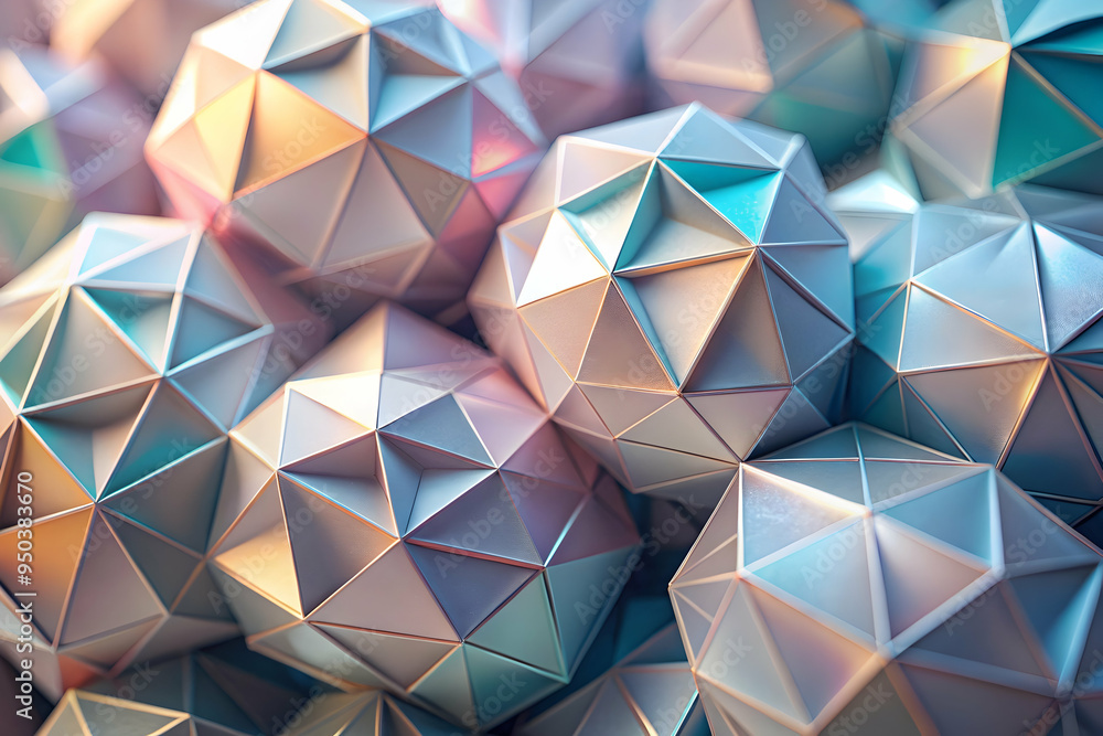 Poster shimmering geometric spheres: an abstract close-up of iridescent, metallic geometric spheres. the li