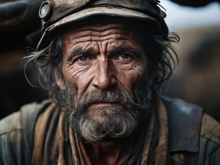 Weathered miner with piercing eyes reflecting a lifetime of hard work and determination in a rugged outdoor setting