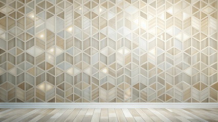Geometric Elegance: A modern interior featuring a captivating wall of light wood geometric tiles and a pristine wood floor.  