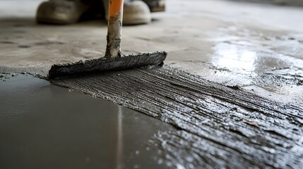 Closeup View of Adhesive Compound Being Evenly Spread on Floor or Wall Surface in for Tile Installation and Home Renovation Project