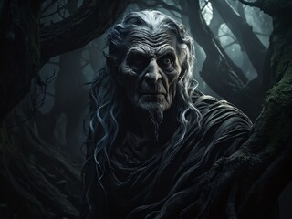 A mysterious elderly figure with long hair stands among dark, twisted trees in an enchanted forest during twilight