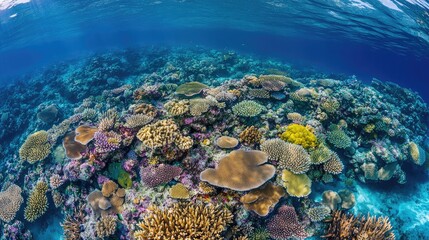 Fototapeta premium A panoramic view of a vibrant coral reef teeming with marine life, seen from above crystal-clear water