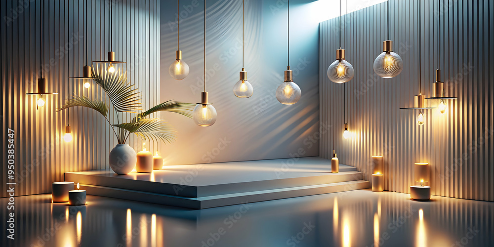 Poster minimalist mood: a serene and elegant product display with a white platform, soft lighting, and a to