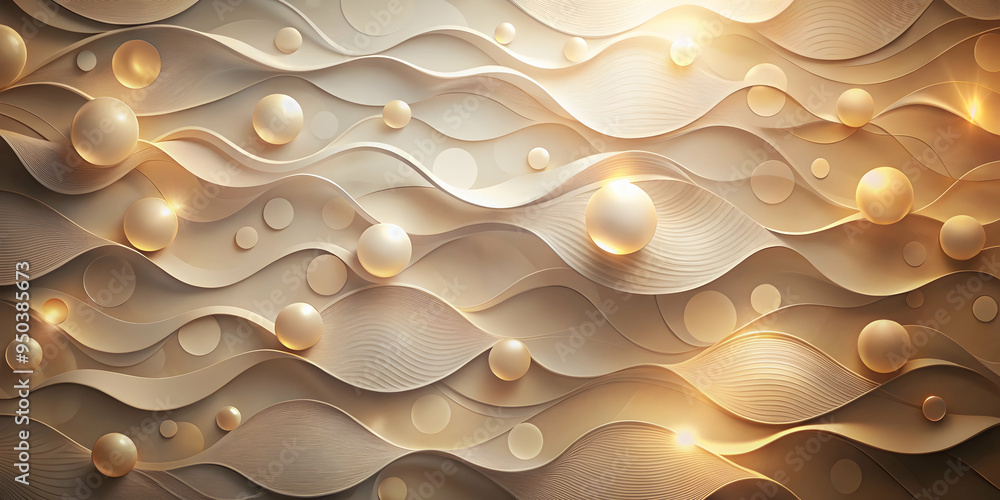 Poster golden abstract waves: a mesmerizing 3d abstract background design with gleaming spheres and wavy li