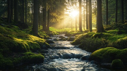 Obraz premium A peaceful stream flowing through a moss-covered forest with sunlight filtering through the trees