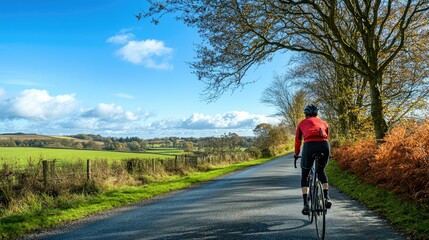 Fototapeta premium A person cycling through a scenic countryside road, with a bright blue sky overhead