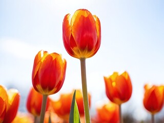 Bright red and orange tulips bloom against a clear blue sky in a vibrant spring garden during midday sunlight