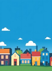 Colorful Houses Illustration with Blue Sky and Clouds