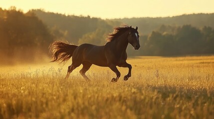 Obraz premium A powerful stallion galloping through an open field, its mane and tail flowing freely in the wind