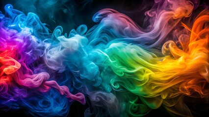 Obraz premium Vibrant swirls of multicolored smoke dance against a dark backdrop, creating a stunning visual effect. The vivid hues blend seamlessly, forming an abstract, dreamlike scene with intense color contrast