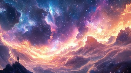 Fototapeta premium Celestial Echoes: Ethereal cosmic waves and glowing star fields creating a dreamy, celestial landscape.