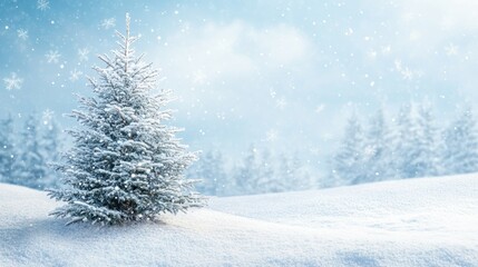 Fototapeta premium A snowy winter landscape with a decorated Christmas tree and falling snowflakes in the background