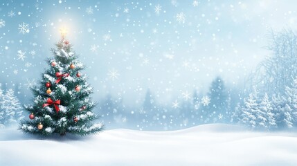 Obraz premium A snowy winter landscape with a decorated Christmas tree and falling snowflakes in the background