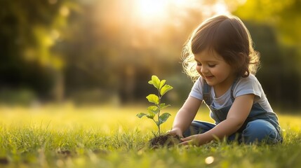Fototapeta premium A joyful child on the grass, planting a small tree sapling. The blurred nature backdrop, environment care.