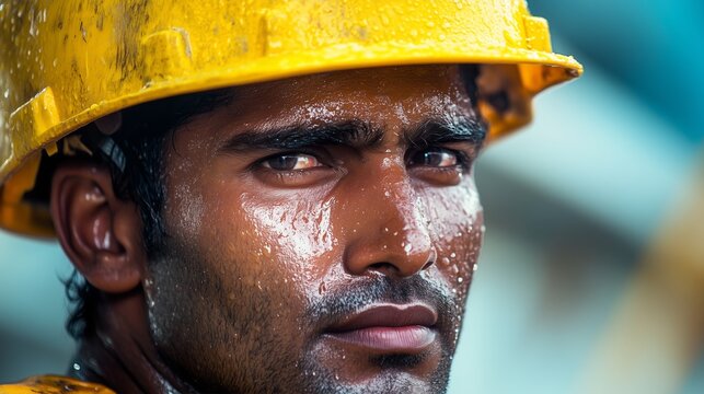 A hardworking construction worker wearing a yellow construction helmet, beads of sweat glistening on their face.