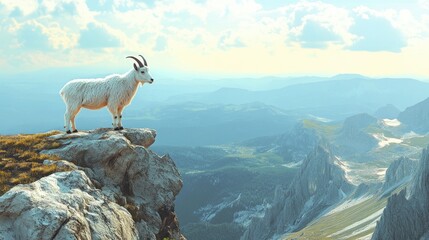 A solitary mountain goat standing on a rocky cliff, looking out over a vast mountainous landscape
