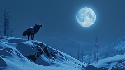 Fototapeta premium A solitary wolf standing on a snow-covered hill, howling at the full moon in the background