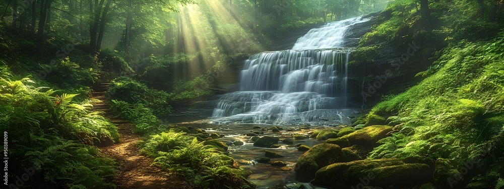Poster enchanting waterfall oasis in lush forest landscape with sunbeams filtering through canopy serene tr
