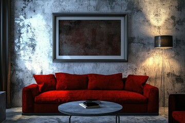 Luxe living room 3D, fuchsia couch, round glass table, chic wall frame.