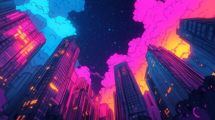 A vibrant cityscape at night featuring towering skyscrapers illuminated in neon colors against a starry sky with dynamic clouds