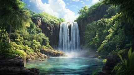 Fototapeta premium A stunning view of a tropical waterfall cascading into a crystal-clear pool surrounded by lush greenery
