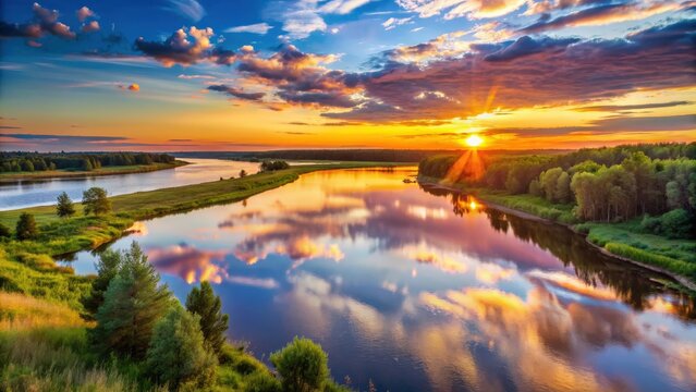Scenic view of Inya river in Novosibirsk region during a vibrant sunset, Inya river, Novosibirsk, Russia, sunset, reflection