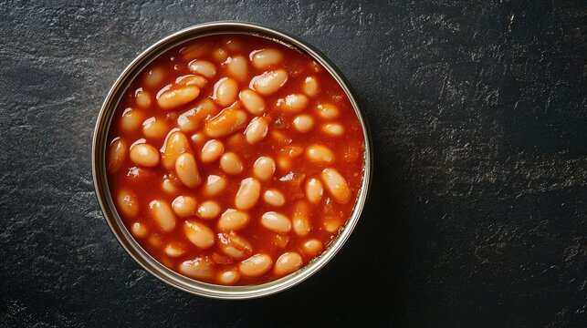 A top view of a can of baked beans, in thick tomato sauce, ready to be served