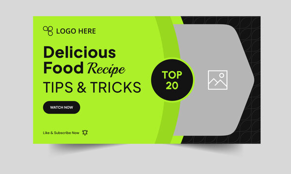 Editable vector eps delicious food recipe tips and tricks video thumbnail banner design, food video cover banner design