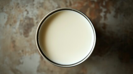 A top view of a can of evaporated milk, smooth and creamy, viewed from above