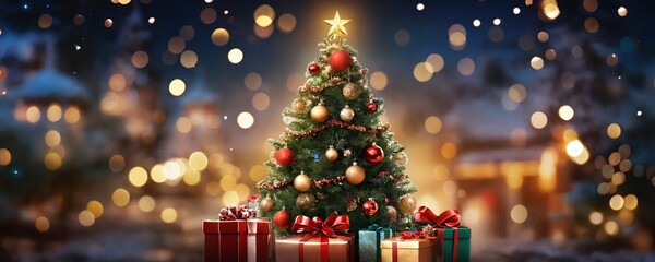 Beautifully decorated Christmas tree with presents in a cozy winter setting during the holiday season at night